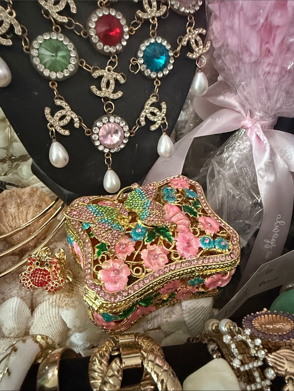 Ornate Floral Jeweled Trinket Box - Pink & Gold
